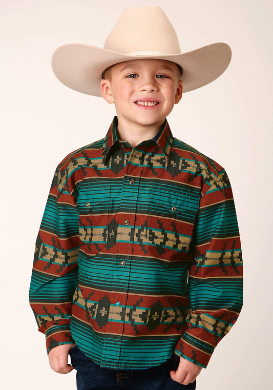 Roper Boys Long Sleeve Snap Ombre Aztec Horizontal Stripe Western Shirt - Roper - Flyclothing LLC