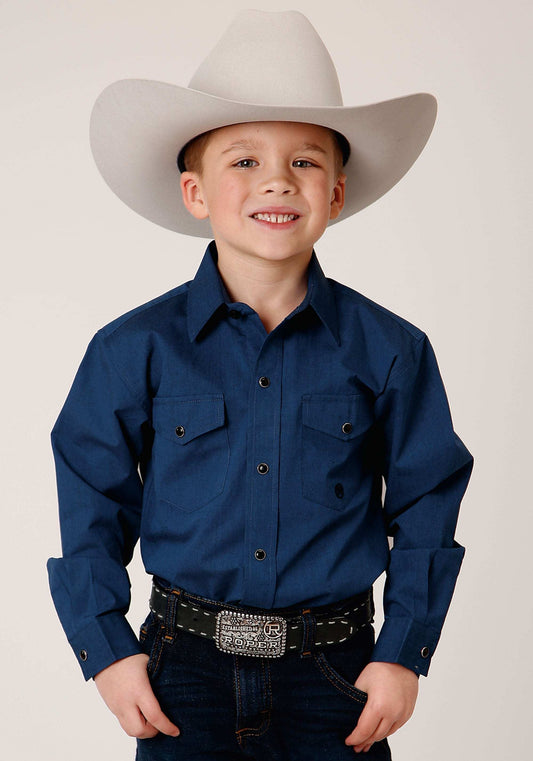 Roper Boys Long Sleeve Snap Black Fill Solid Blue Western Shirt - Roper - Flyclothing LLC