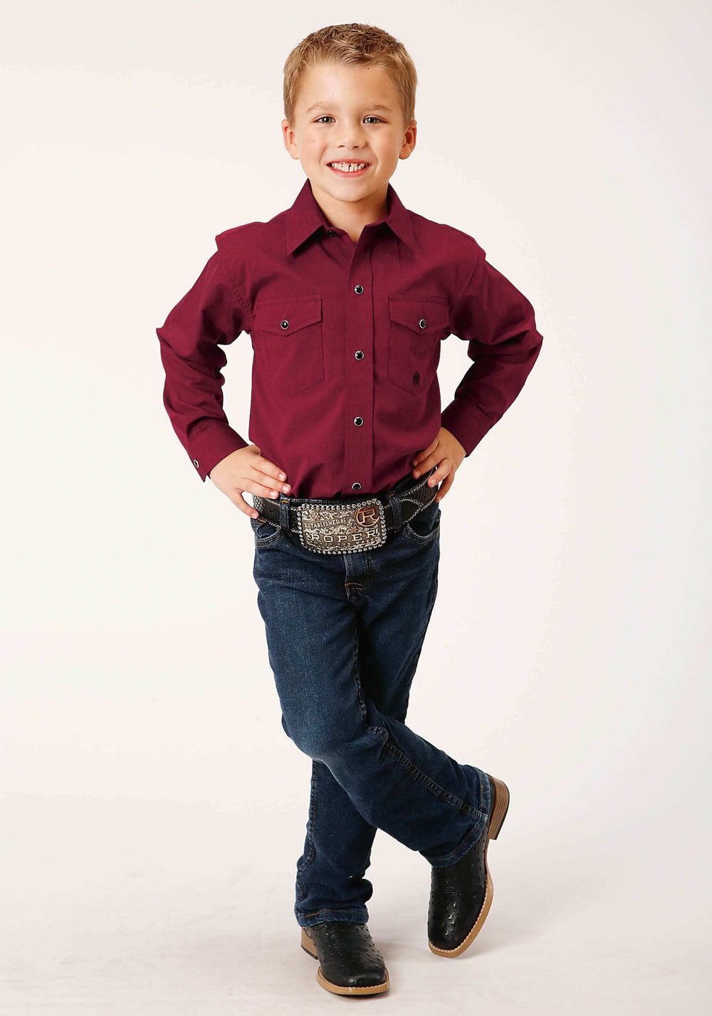 Roper Boys Long Sleeve Snap Black Fill Solid Wine Western Shirt - Roper - Flyclothing LLC