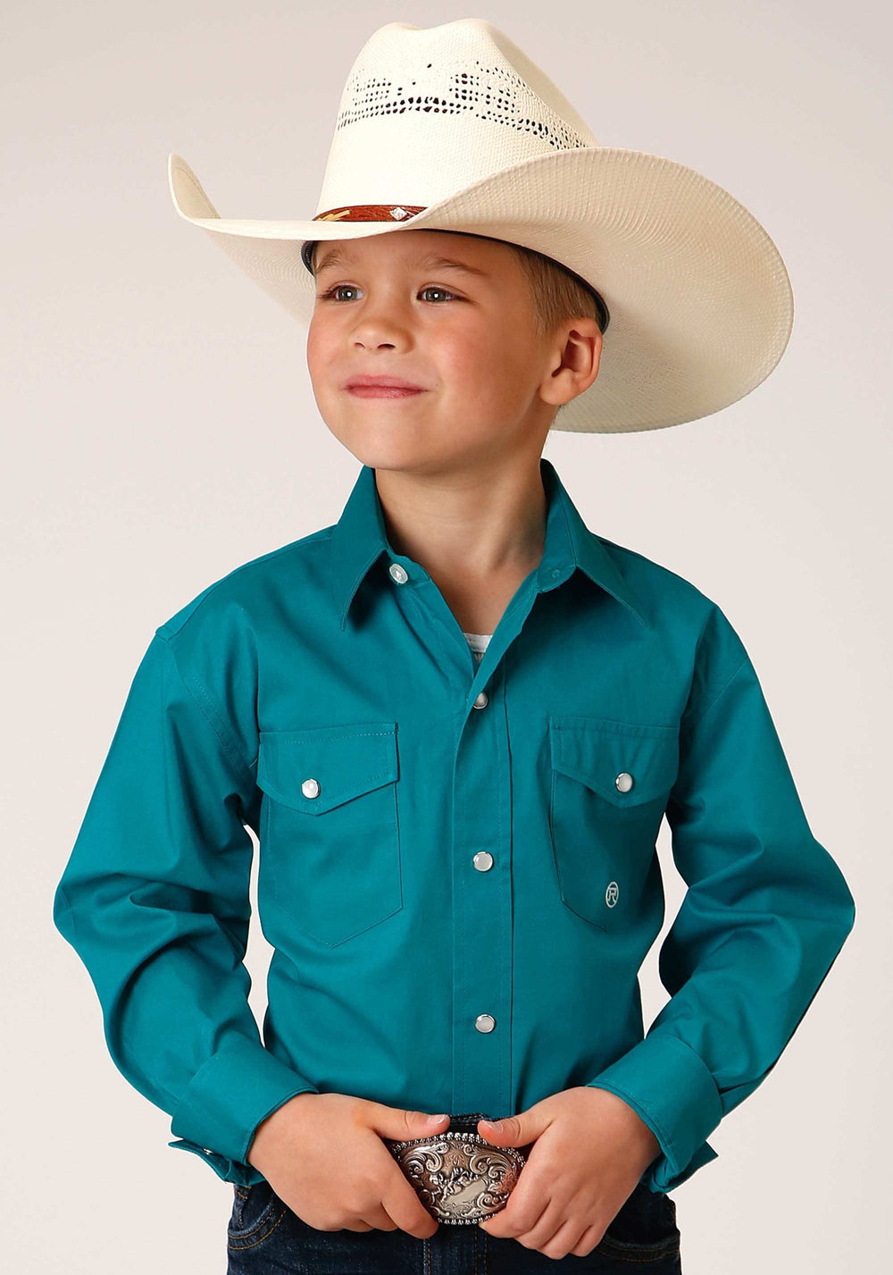 Roper Boys Long Sleeve Snap Solid Poplin Stretch Turquoise Western Shirt - Roper - Flyclothing LLC