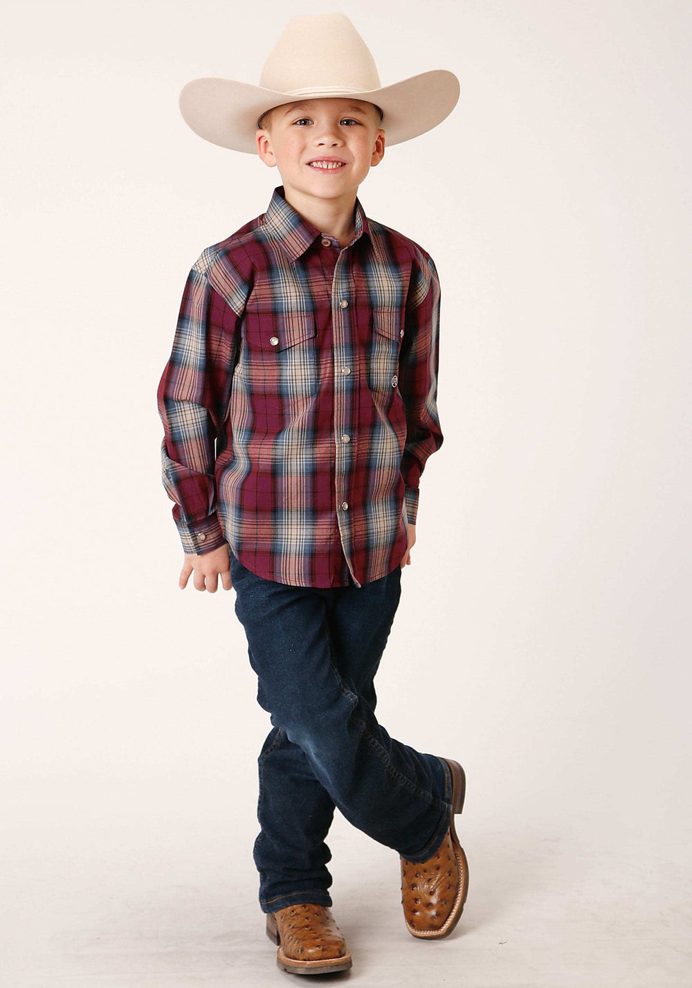 Roper Boys Long Sleeve Snap Wine Plaid Western Shirt - Roper - Flyclothing LLC