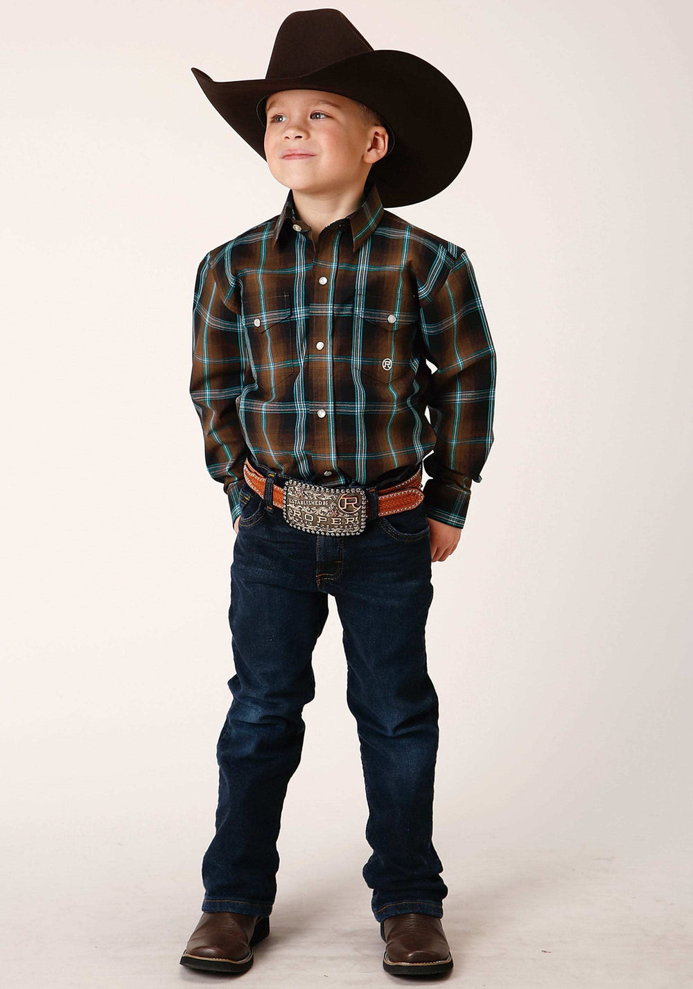 Roper Boys Long Sleeve Snap Dark Chocolate Plaid Western Shirt - Roper - Flyclothing LLC