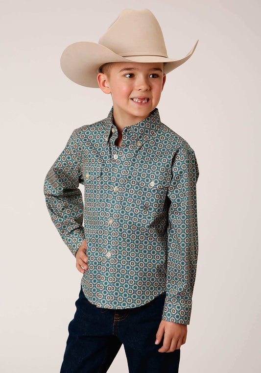 Roper Boys Long Sleeve Button Teal Foulard Western Shirt - Roper - Flyclothing LLC