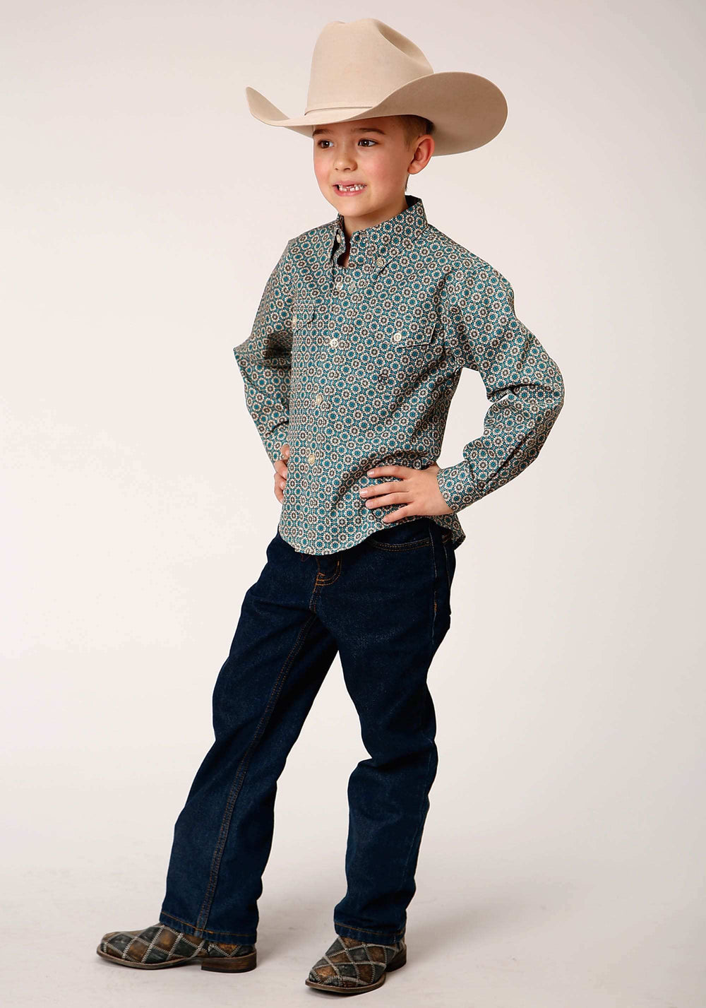 Roper Boys Long Sleeve Button Teal Foulard Western Shirt - Roper - Flyclothing LLC