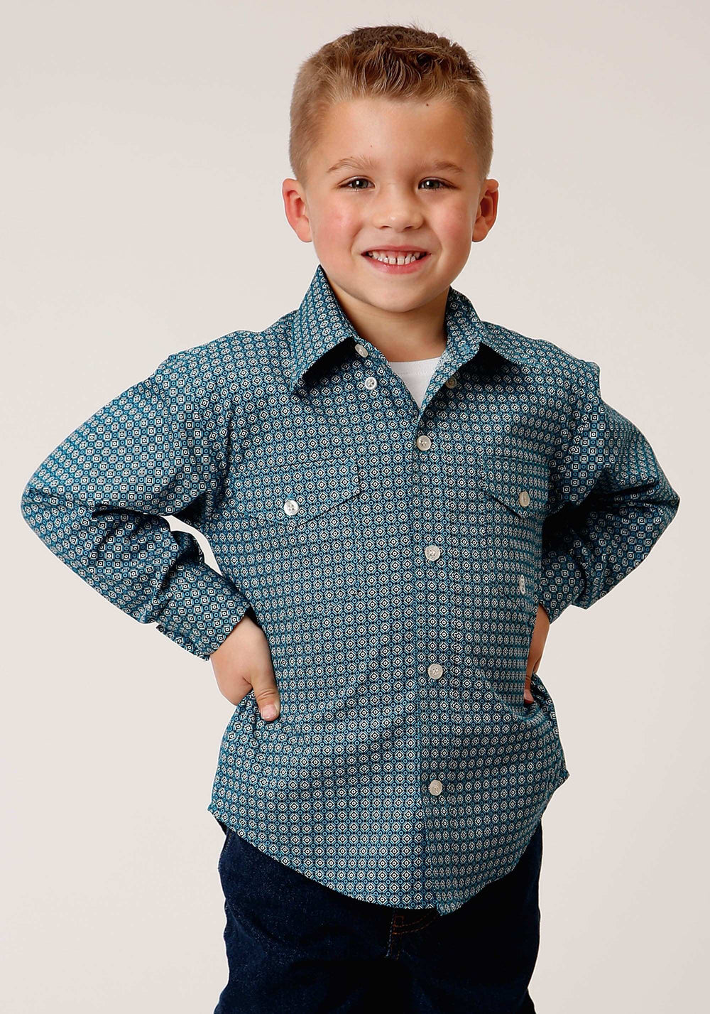 Roper Boys Long Sleeve Button Azure Neat Western Shirt - Roper - Flyclothing LLC