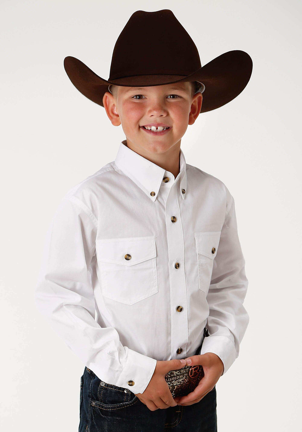 Roper Boys White Solid Long Sleeve Western Button Shirt - Roper - Flyclothing LLC