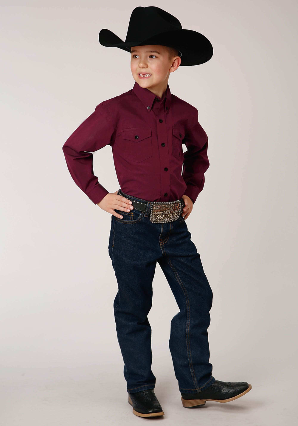 Roper Boys Long Sleeve Button Solid Black Fill Wine Western Shirt - Roper - Flyclothing LLC