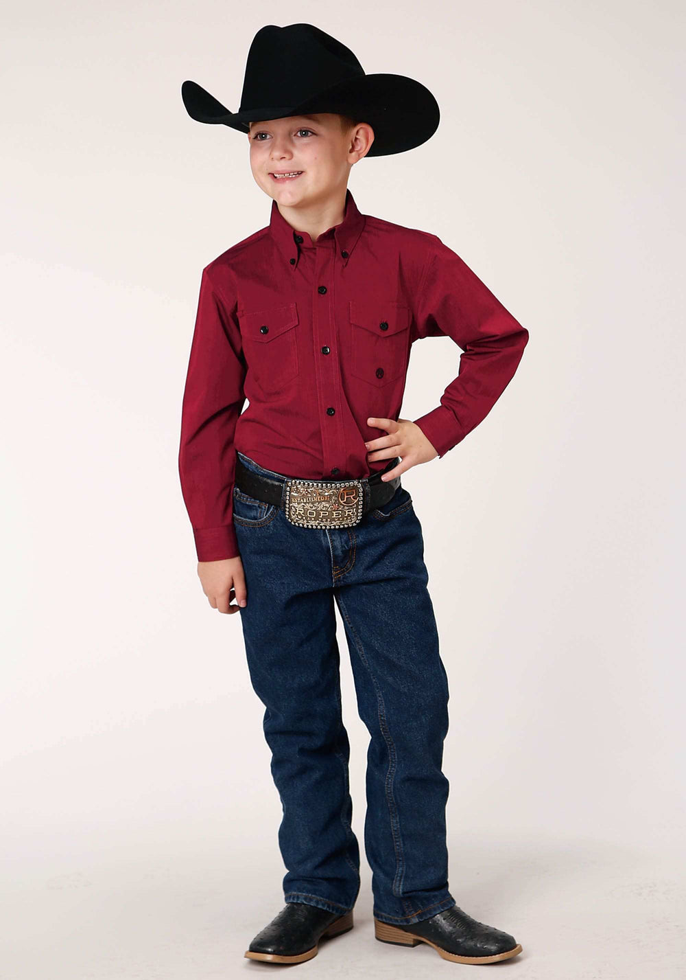 Roper Boys Long Sleeve Button Black Fill Solid Red Western Shirt - Roper - Flyclothing LLC