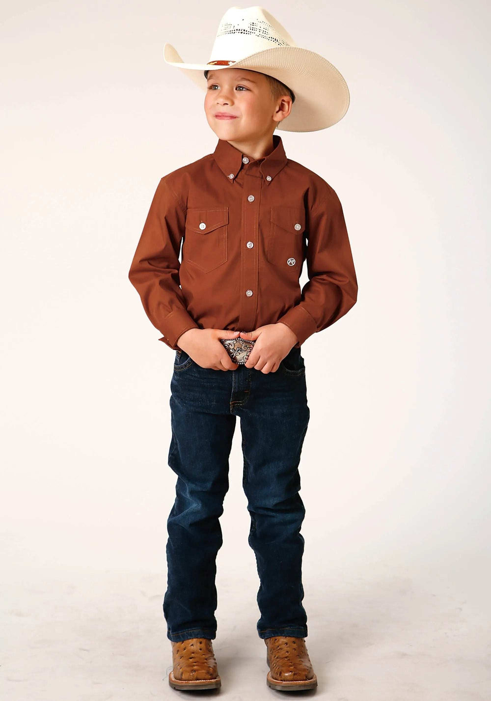 Roper Boys Long Sleeve Button Solid Poplin Stretch Orange Western Shirt - Roper - Flyclothing LLC