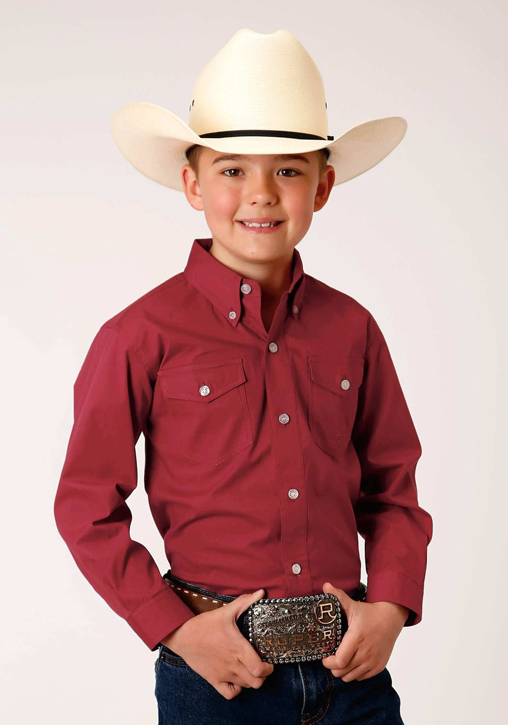 Roper Boys Long Sleeve Button Stretch Poplin Red Western Shirt - Roper - Flyclothing LLC