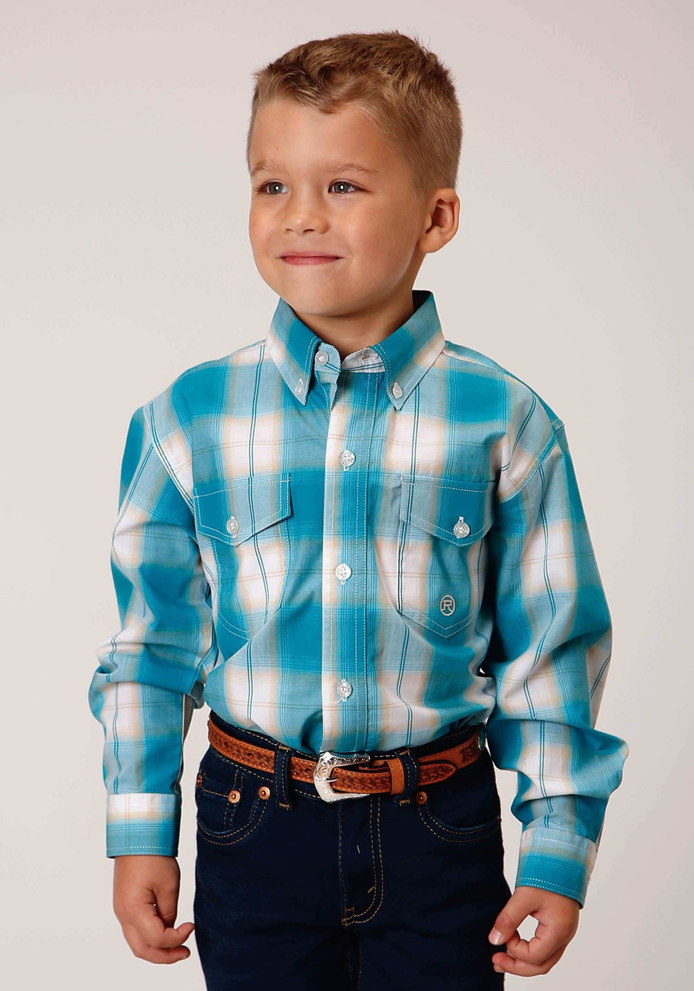 Roper Boys Long Sleeve Button Turquoise Sand Ombre Plaid Western Shirt - Roper - Flyclothing LLC