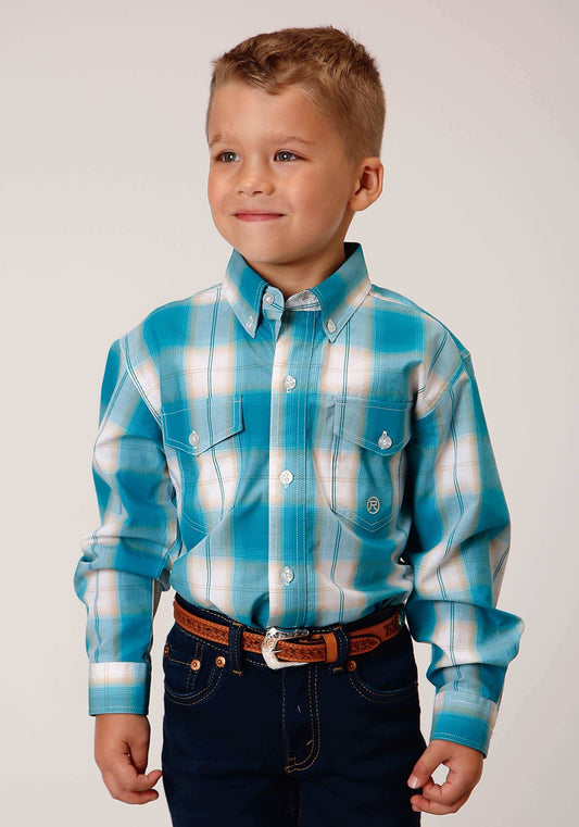Roper Boys Long Sleeve Button Turquoise Sand Ombre Plaid Western Shirt - Roper - Flyclothing LLC