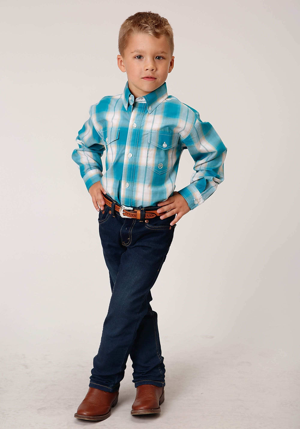 Roper Boys Long Sleeve Button Turquoise Sand Ombre Plaid Western Shirt - Roper - Flyclothing LLC