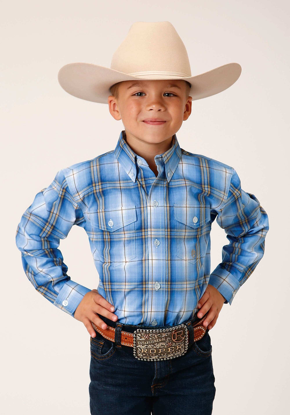 Roper Boys Long Sleeve Button Cornflower Plaid Western Shirt - Roper - Flyclothing LLC