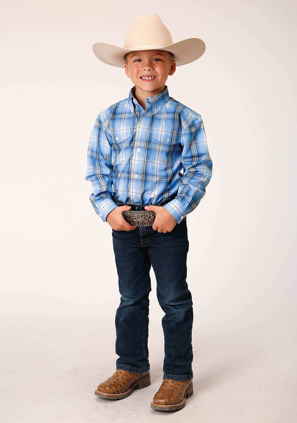 Roper Boys Long Sleeve Button Cornflower Plaid Western Shirt - Roper - Flyclothing LLC
