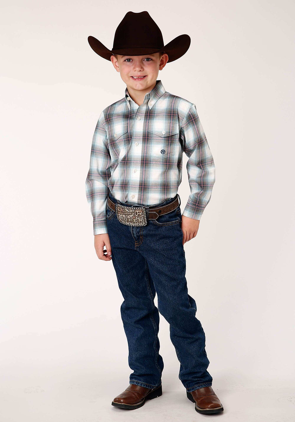 Roper Boys Long Sleeve Button Olive Stretch Plaid Western Shirt - Roper - Flyclothing LLC