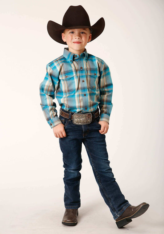 Roper Boys Long Sleeve Button Sandy Turquoise Plaid Western Shirt - Roper - Flyclothing LLC