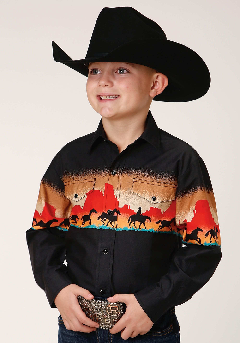 Roper Boys Long Sleeve Snap Red Mesa Border Scenic Western Shirt - Roper - Flyclothing LLC