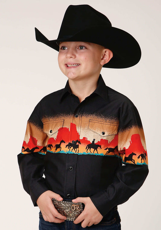 Roper Boys Long Sleeve Snap Red Mesa Border Scenic Western Shirt - Roper - Flyclothing LLC