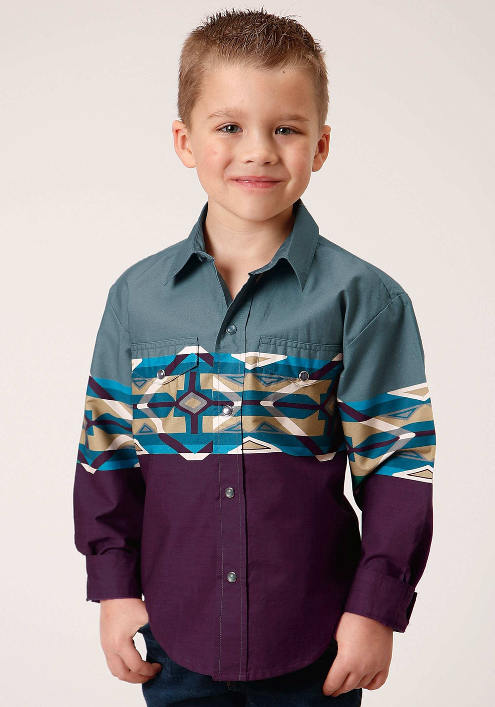 Roper Boys Long Sleeve Snap Tile Aztec Border Print Western Shirt - Roper - Flyclothing LLC