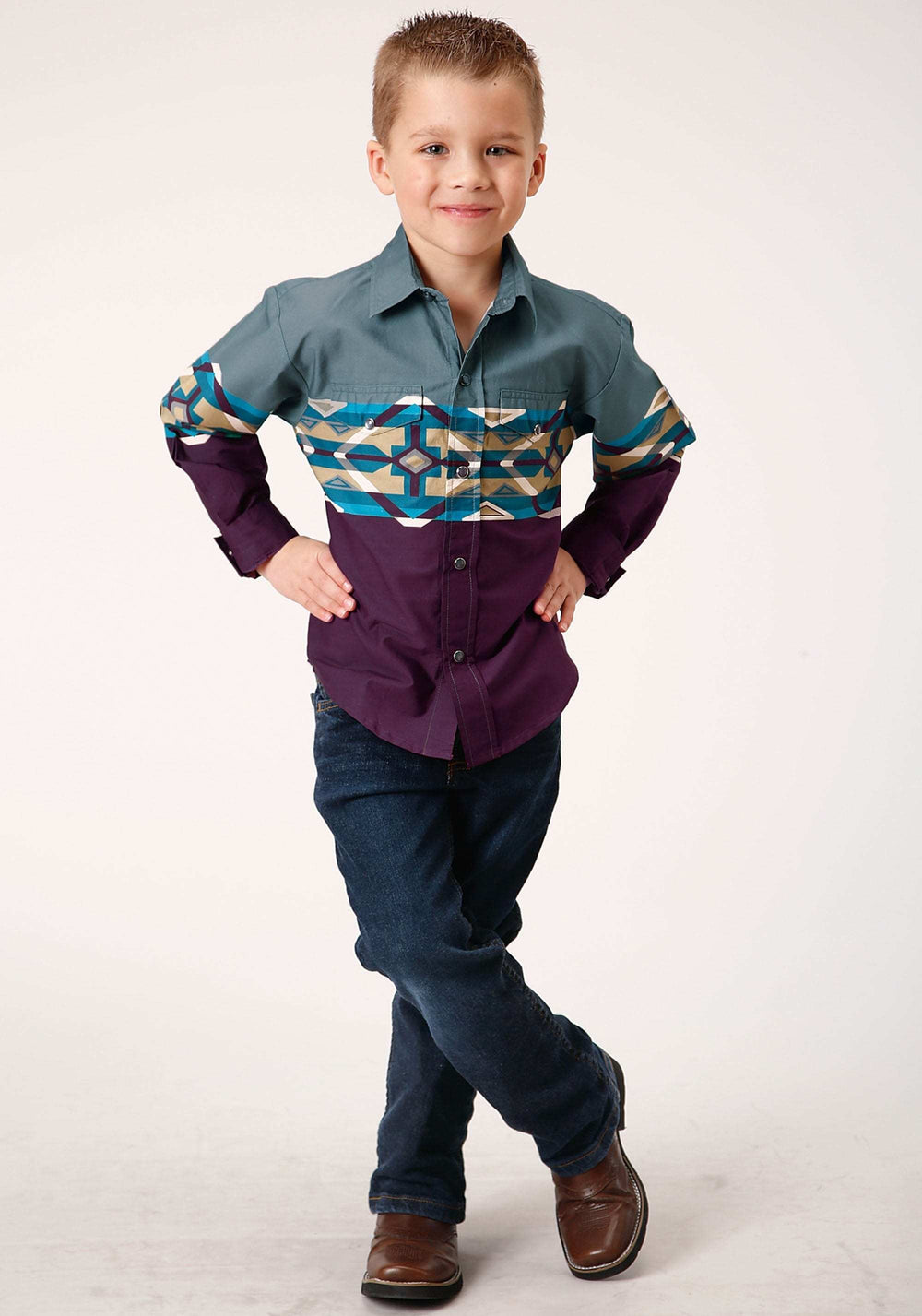 Roper Boys Long Sleeve Snap Tile Aztec Border Print Western Shirt - Roper - Flyclothing LLC