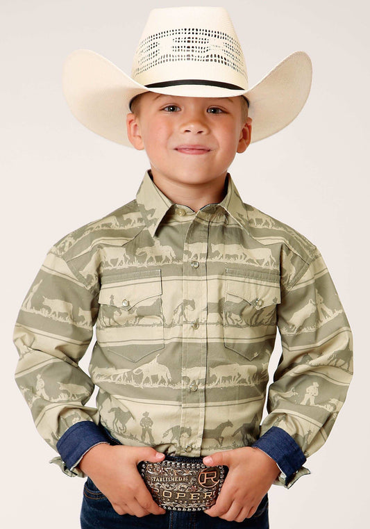 Roper Boys Long Sleeve Snap Cowboy Rugby Horizontal Print Western Shirt - Roper - Flyclothing LLC