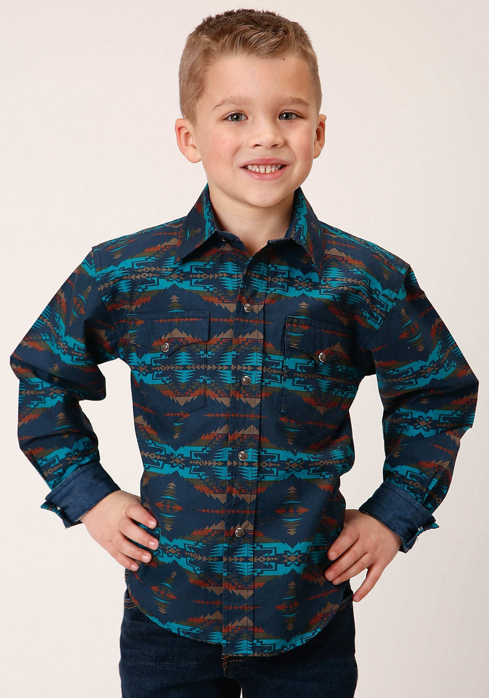 Roper Boys Long Sleeve Snap Turquoise Blanket Horizontal Print Western Shirt - Roper - Flyclothing LLC