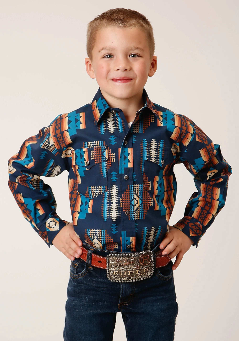 Roper Boys Long Sleeve Snap Navy Aztec Stripe Western Shirt - Roper - Flyclothing LLC