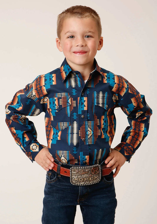 Roper Boys Long Sleeve Snap Navy Aztec Stripe Western Shirt - Roper - Flyclothing LLC