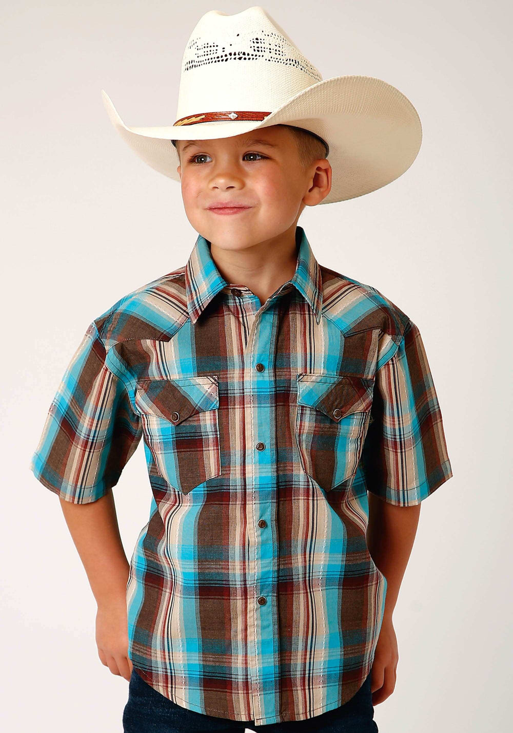 Roper Boys Short Sleeve Snap Desert Dobby Plaid Western Shirt - Roper - Flyclothing LLC