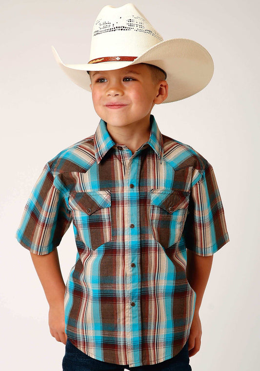 Roper Boys Short Sleeve Snap Desert Dobby Plaid Western Shirt - Roper - Flyclothing LLC