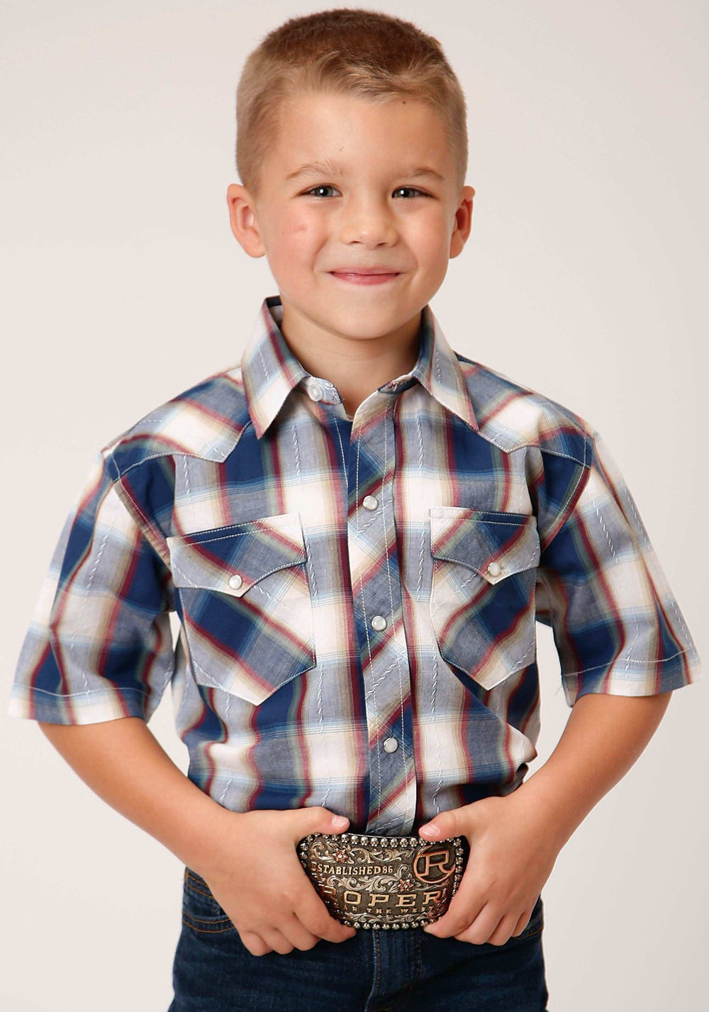 Roper Boys Short Sleeve Snap Indigo Dobby Western Shirt - Roper - Flyclothing LLC