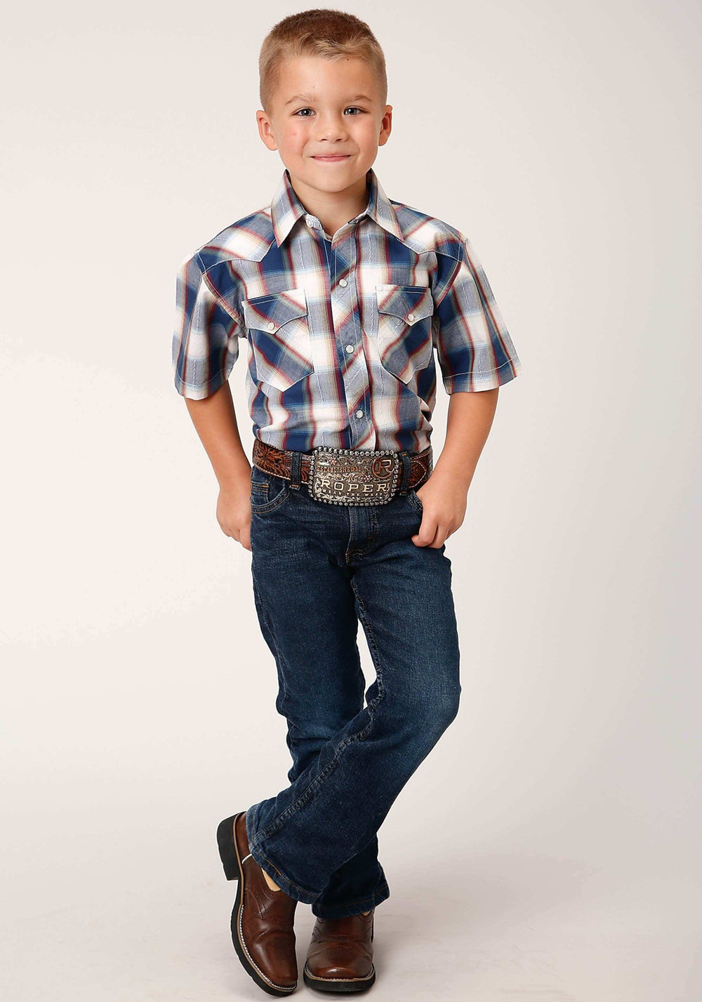 Roper Boys Short Sleeve Snap Indigo Dobby Western Shirt - Roper - Flyclothing LLC
