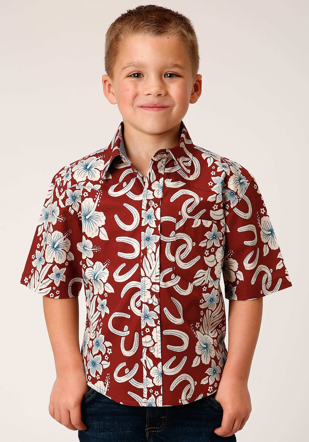 Roper Boys Short Sleeve Snap Hawaiian Horseshoes Print Western Shirt - Roper - Flyclothing LLC