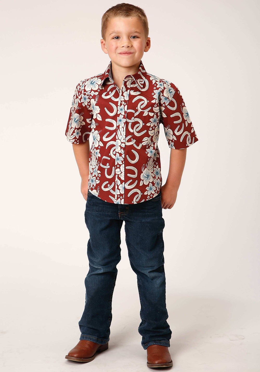 Roper Boys Short Sleeve Snap Hawaiian Horseshoes Print Western Shirt - Roper - Flyclothing LLC