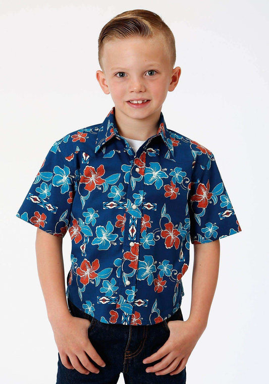 ROPER BOYS BLUE GROUND MULTICOLORED TROPICAL PRINT SHORT SLEEVE SNAP WESTERN WESTERN - Roper - Flyclothing LLC