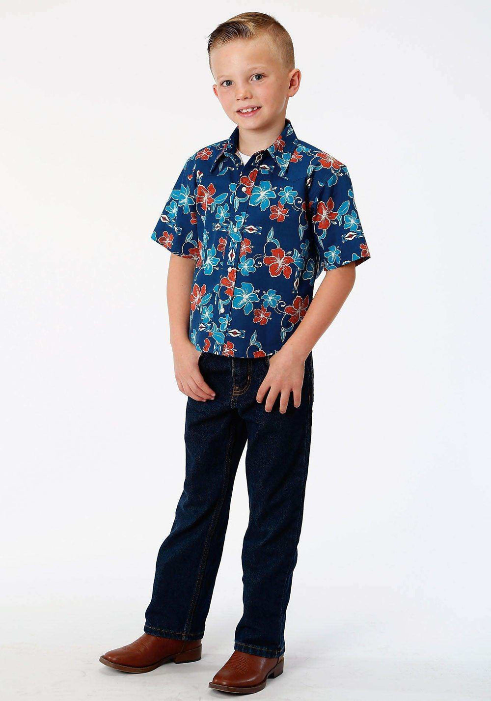 ROPER BOYS BLUE GROUND MULTICOLORED TROPICAL PRINT SHORT SLEEVE SNAP WESTERN WESTERN - Roper - Flyclothing LLC