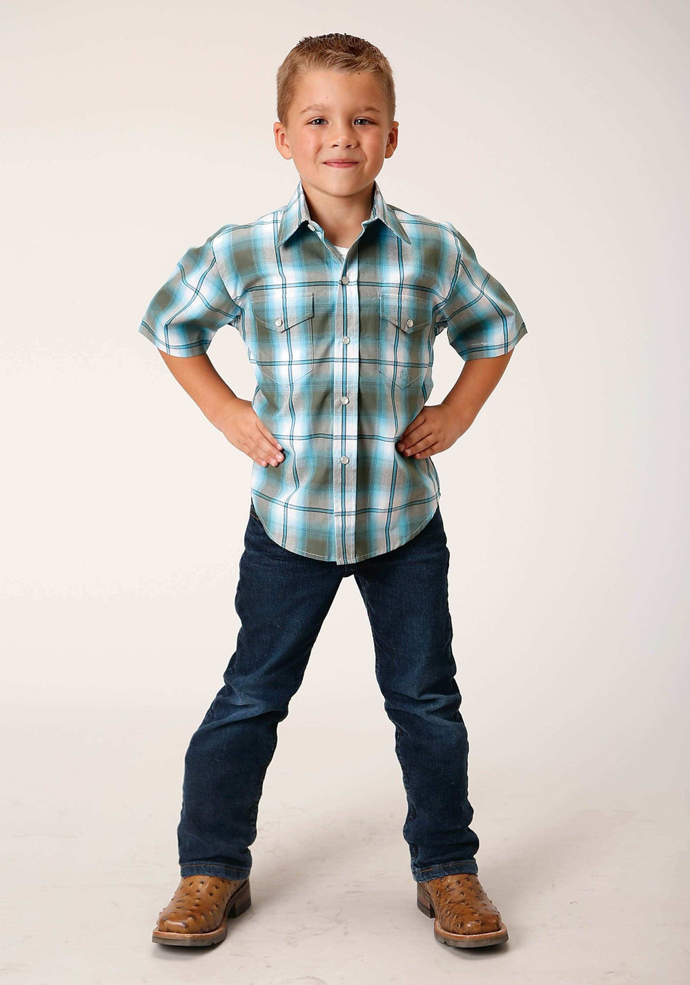 Roper Boys Short Sleeve Snap Meadow Plaid Western Shirt - Roper - Flyclothing LLC