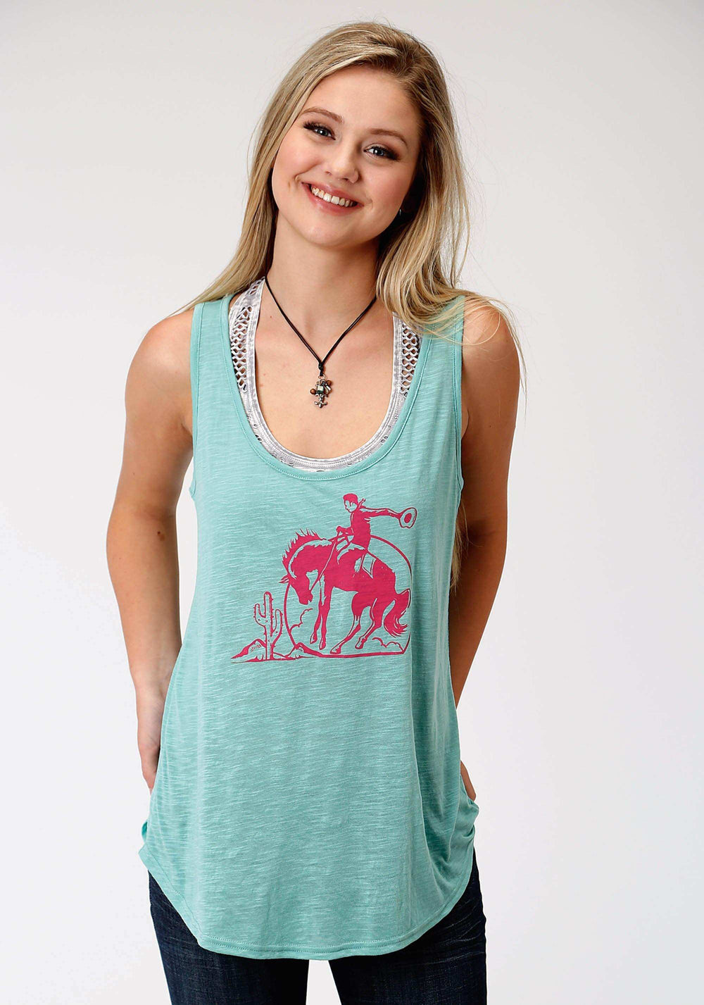 Roper Womens Aqua Solid With Pink Screen Print Sleeveless Knit Top - Roper - Flyclothing LLC