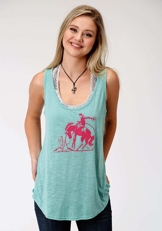 Roper Womens Aqua Solid With Pink Screen Print Sleeveless Knit Top - Roper - Flyclothing LLC