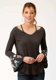 Roper Womens Heather Gray With Floral Embroidery Long Sleeve Knit Top - Roper - Flyclothing LLC