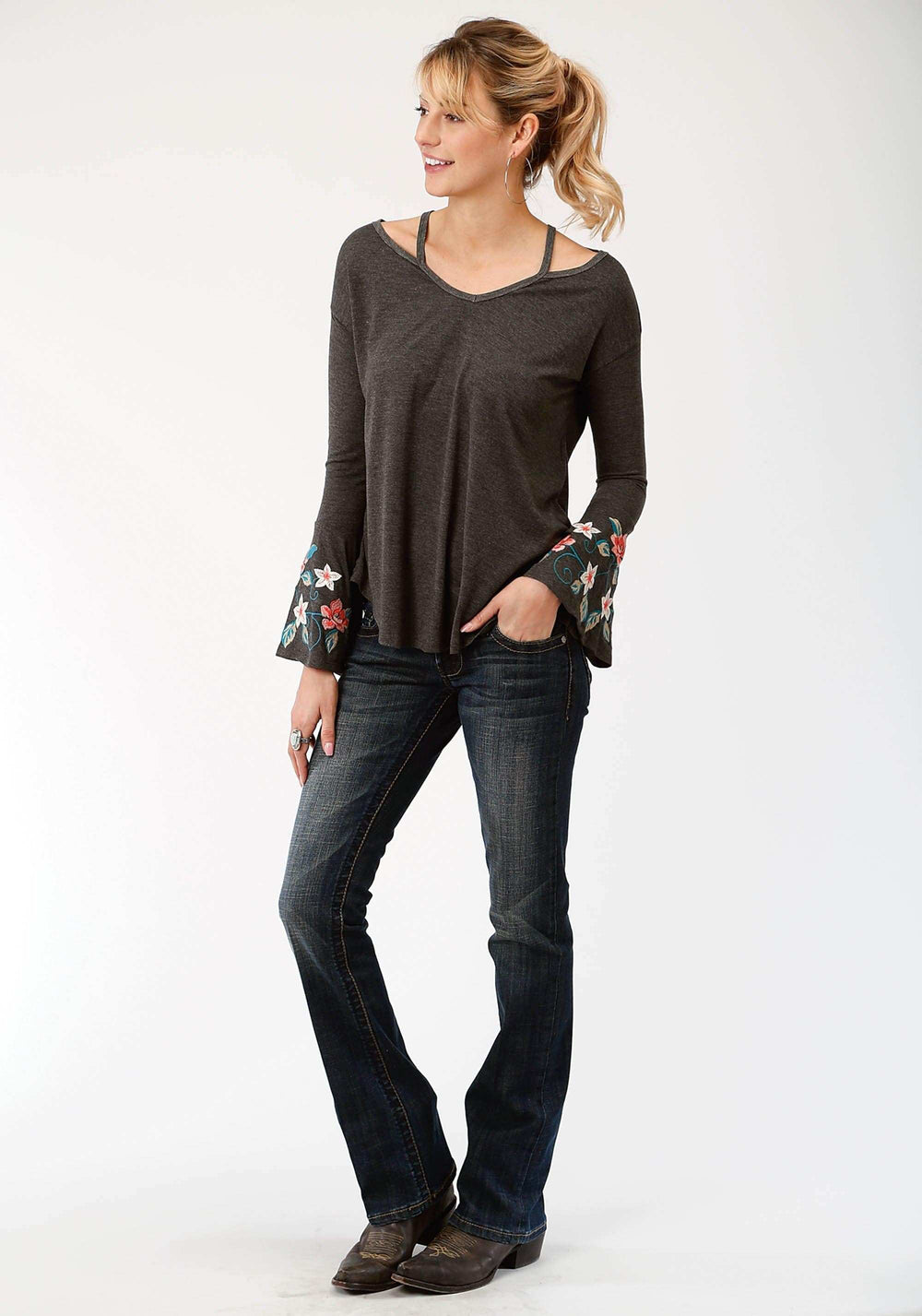 Roper Womens Heather Gray With Floral Embroidery Long Sleeve Knit Top - Roper - Flyclothing LLC