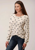 Roper Womens Long Sleeve Knit All Over Emb Micro Frnch Terry Top - Roper - Flyclothing LLC