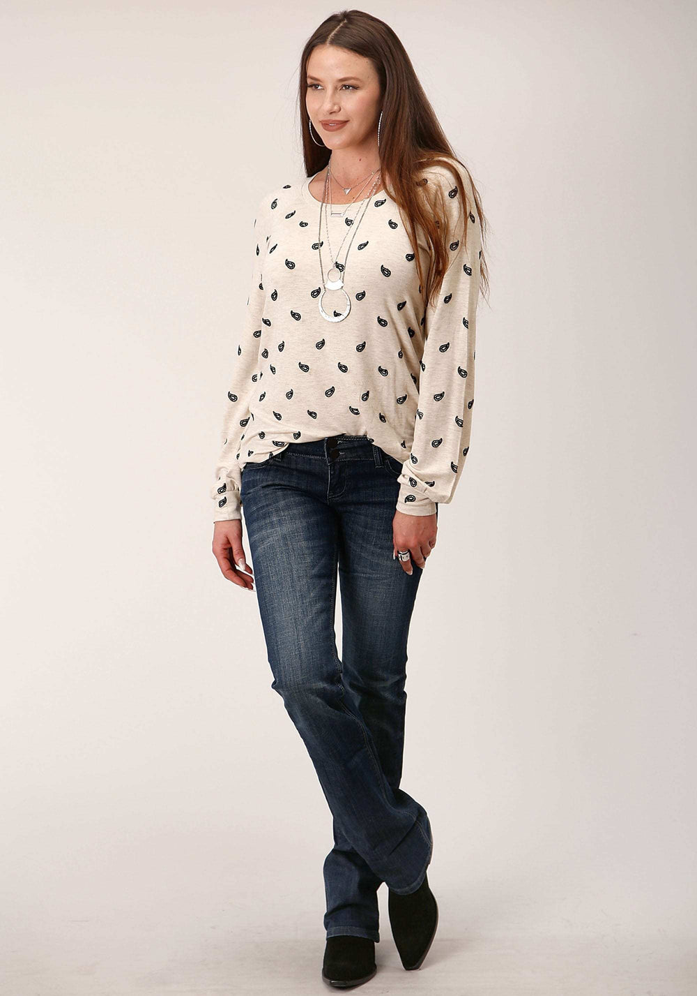 Roper Womens Long Sleeve Knit All Over Emb Micro Frnch Terry Top - Roper - Flyclothing LLC