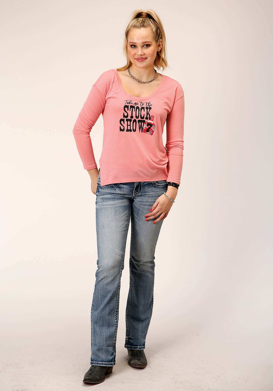 Roper Womens Long Sleeve Knit Pink Poly Rayon Jersey Top - Roper - Flyclothing LLC