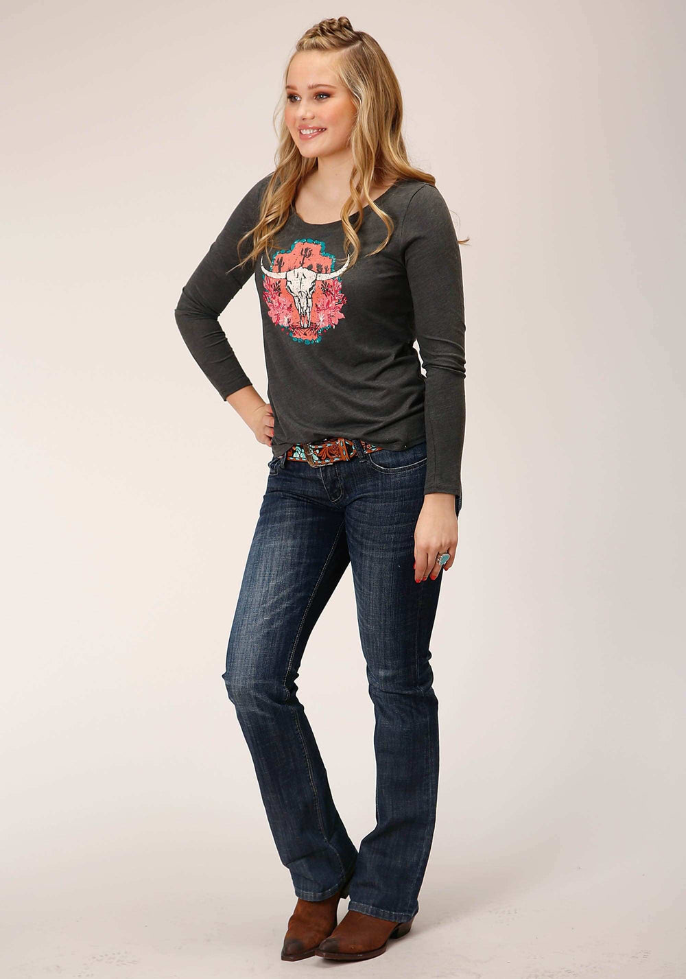 Roper Womens Long Sleeve Knit Heather Charcoal Poly Rayon Top - Roper - Flyclothing LLC