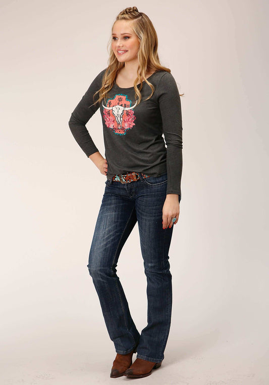 Roper Womens Long Sleeve Knit Heather Charcoal Poly Rayon Top - Roper - Flyclothing LLC