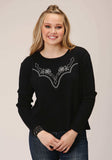 Roper Womens Long Sleeve Knit Jet Black Waffle Slub Top - Roper - Flyclothing LLC