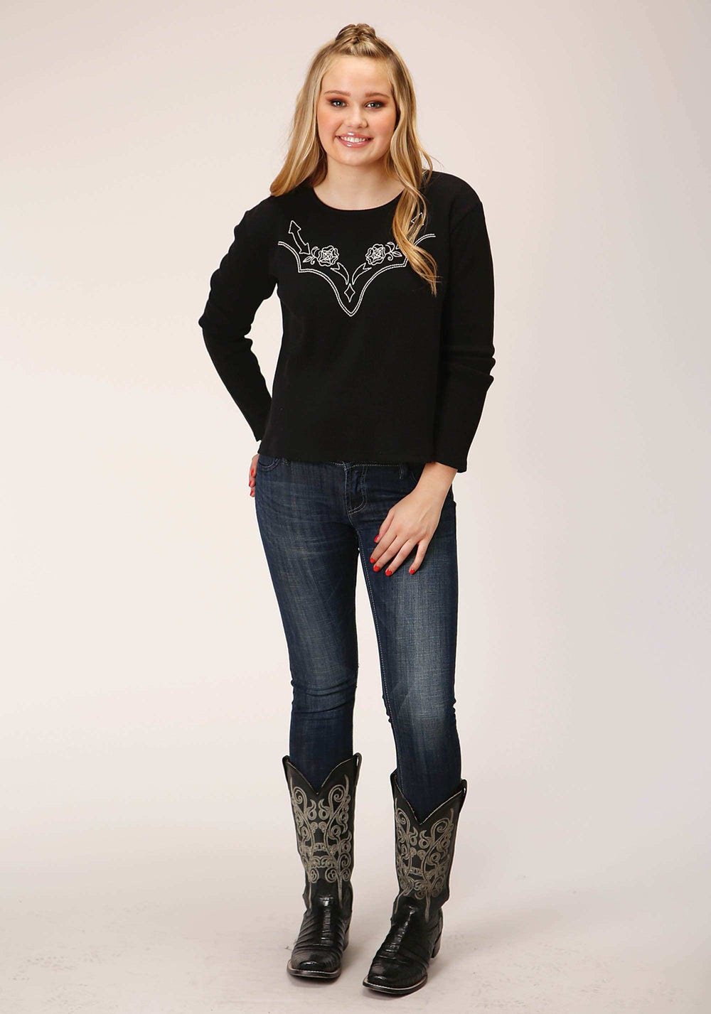Roper Womens Long Sleeve Knit Jet Black Waffle Slub Top - Roper - Flyclothing LLC