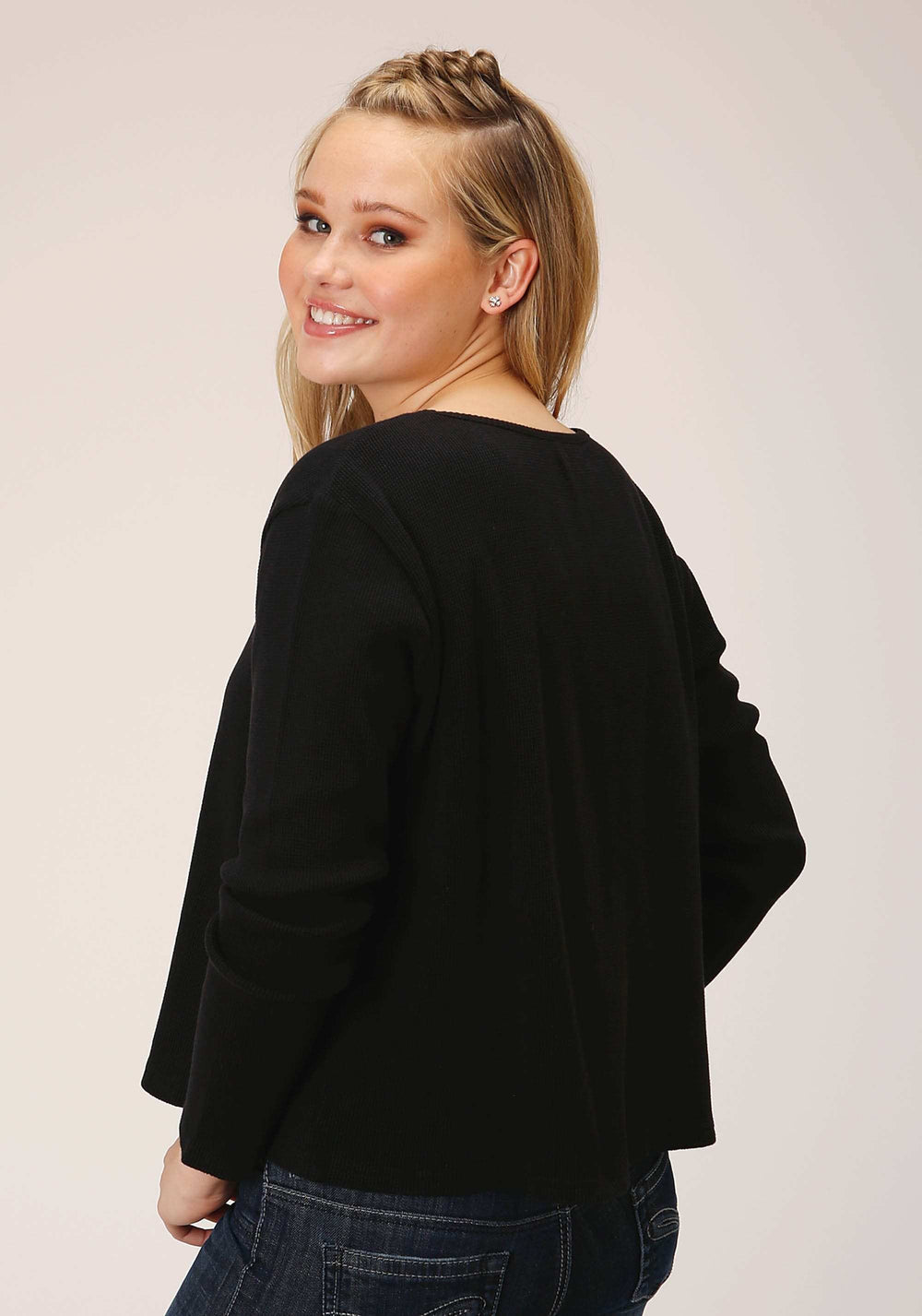 Roper Womens Long Sleeve Knit Jet Black Waffle Slub Top - Roper - Flyclothing LLC